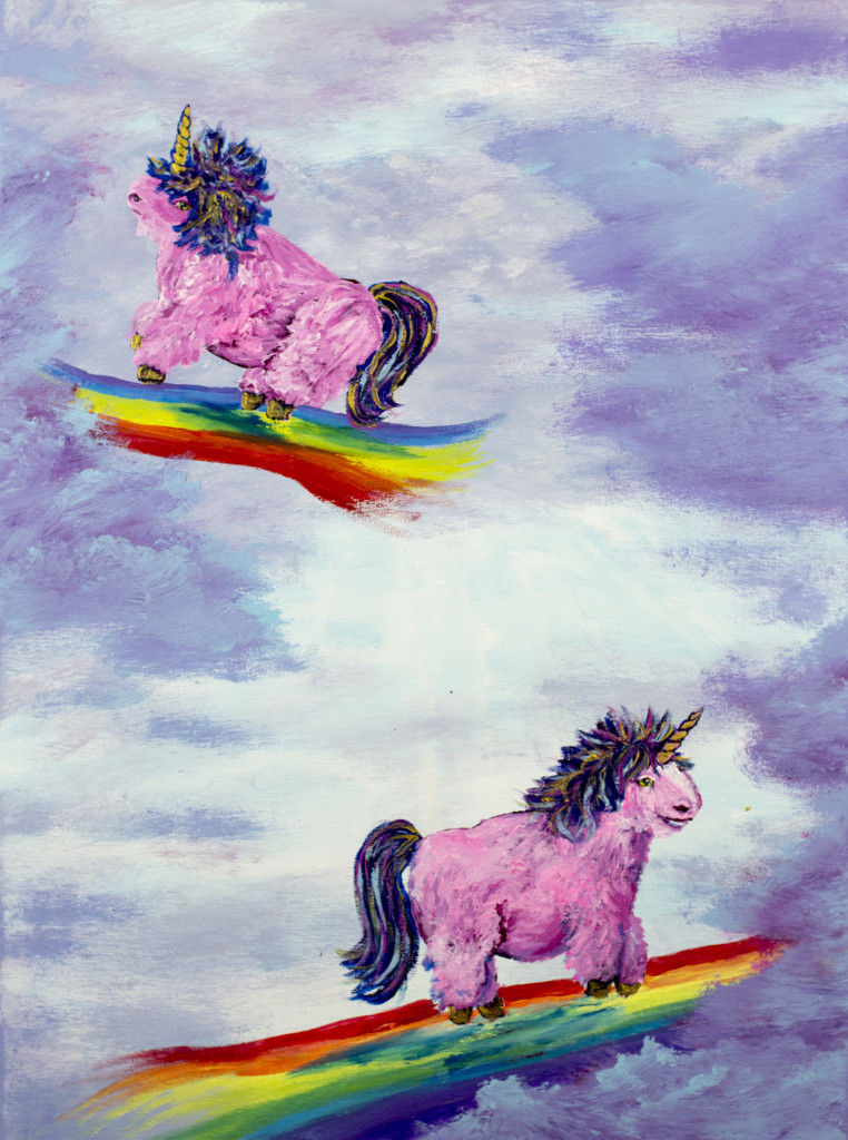 Rainbows pink dancing fluffy unicorns on pink fluffy